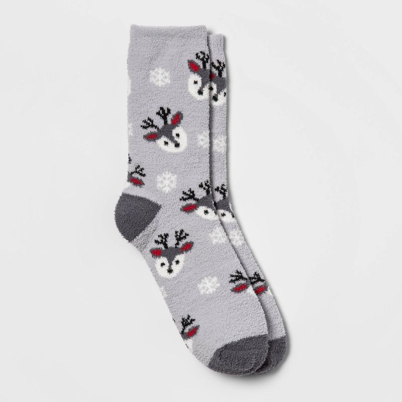 Women&#39;s Reindeer Cozy Holiday Crew Socks - Wondershop&#8482; Gray 4-10, 1 of 5