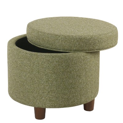 Green Tweed Round Storage Ottoman with Wood Legs