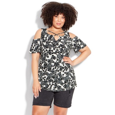 Women's Plus Size Cold Shoulder 3 Bar Print Top - Multi Abstract