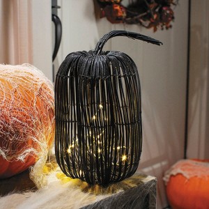 7 3/4" x 15 3/4" Tall Rattan Pumpkin with Yellow Light Strand Halloween Decoration - 1 of 2