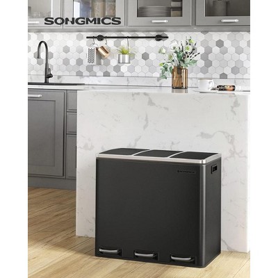 SONGMICS Trash Can, 3 x 4.8 Gallon Garbage Can, 14.4 Gallon Recycle Bin with Soft-Close Lids, Pedals, and Inner Buckets for Kitchen, Stainless Steel
