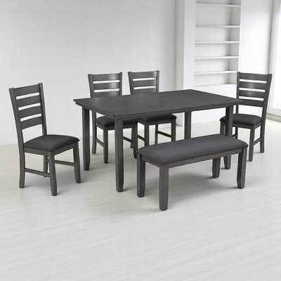 6-Piece Dining Set for 6, Rustic Wood Dining Table with 4 Chairs and Bench, Comfortable Upholstered Seats for Kitchen or Dining Room