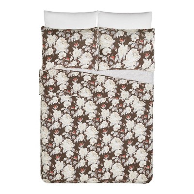 King Size Brown Cotton Floral Quilt Set with Shams