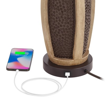 Rustic Bronze and Wood Table Lamps with USB Ports, Set of 2