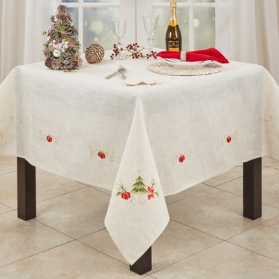 Embroidered Christmas Tree Linen Blend Square Tablecloth