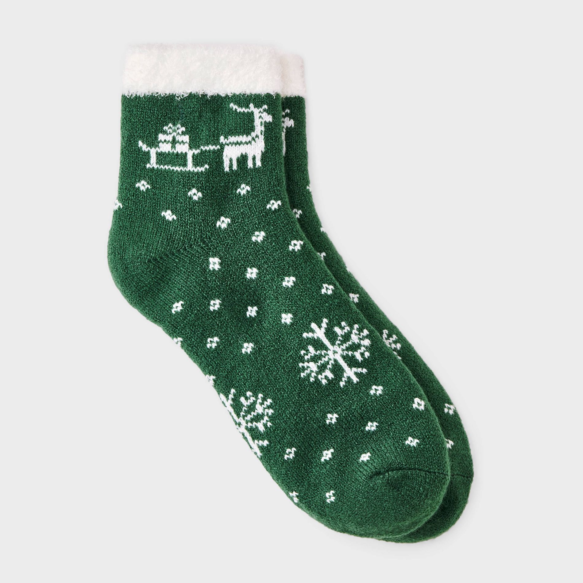 Women's Reindeer Fair Isle Christmas Double Lined Cozy Ankle Socks - Auden™ Green 4-10