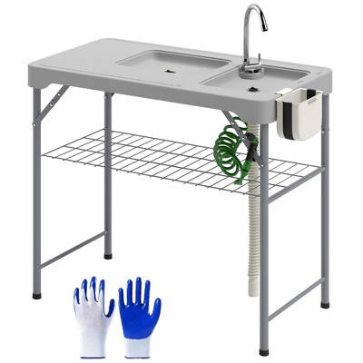 Outsunny Folding Fish Cleaning Table with Sinks, Outdoor Fillet Table with Faucet, Drainage Hose, Sprayer, Shelf, Drawer and Storage Basket, Gray