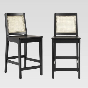 Set of 2 Solid Wood with Rattan Back Counter Height Barstool Black - Saracina Home: Bohemian Style, Rubberwood Legs - 1 of 4