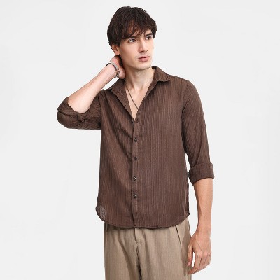Campus Sutra Men Men's Mocha Brown Self-Design Striped Shirt