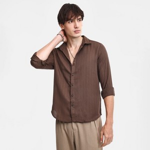 Campus Sutra Men Men's Mocha Brown Self-Design Striped Shirt - 1 of 4