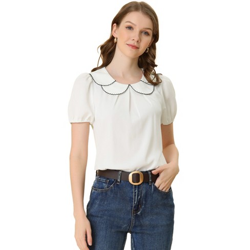 Unique Bargains Women's Peter Pan Collar Long Sleeve Work Office Shirt L  Cream White 