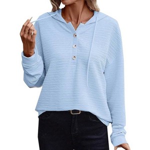 Coolmee Women's Hoodies Button V Neck Sweatshirt Casual Long Sleeve Tops Drawstring Hooded Sweatshirt - 1 of 3