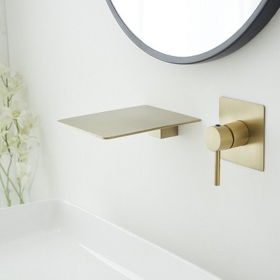Brushed Gold Wall-Mount Single-Handle Bathroom Faucet with Shelf
