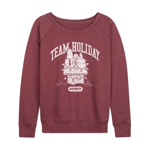 Women's - Peanuts - Snoopy Team Holiday Spirit Lightweight French Terry Wide Neck Long Sleeve Graphic Shirt - 1 of 4