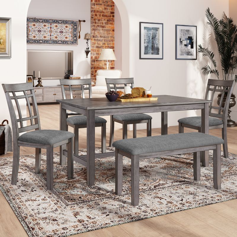 6-Piece Farmhouse Rustic Wooden Dining Table Set with 4 Chairs and Bench, Antique Gray - ModernLuxe, 2 of 12