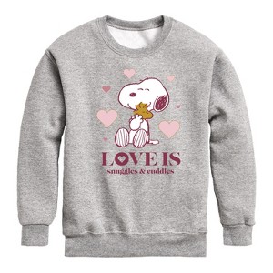 Boys' - Peanuts - Love Is Snuggles And Cuddles Graphic Long Sleeve Fleece Sweatshirt - 1 of 4