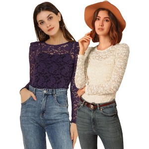 INSPIRE CHIC Women's Vintage Semi-Sheer Puff Long Sleeve Embroidery Lace Floral Blouse 2 Packs - 1 of 4
