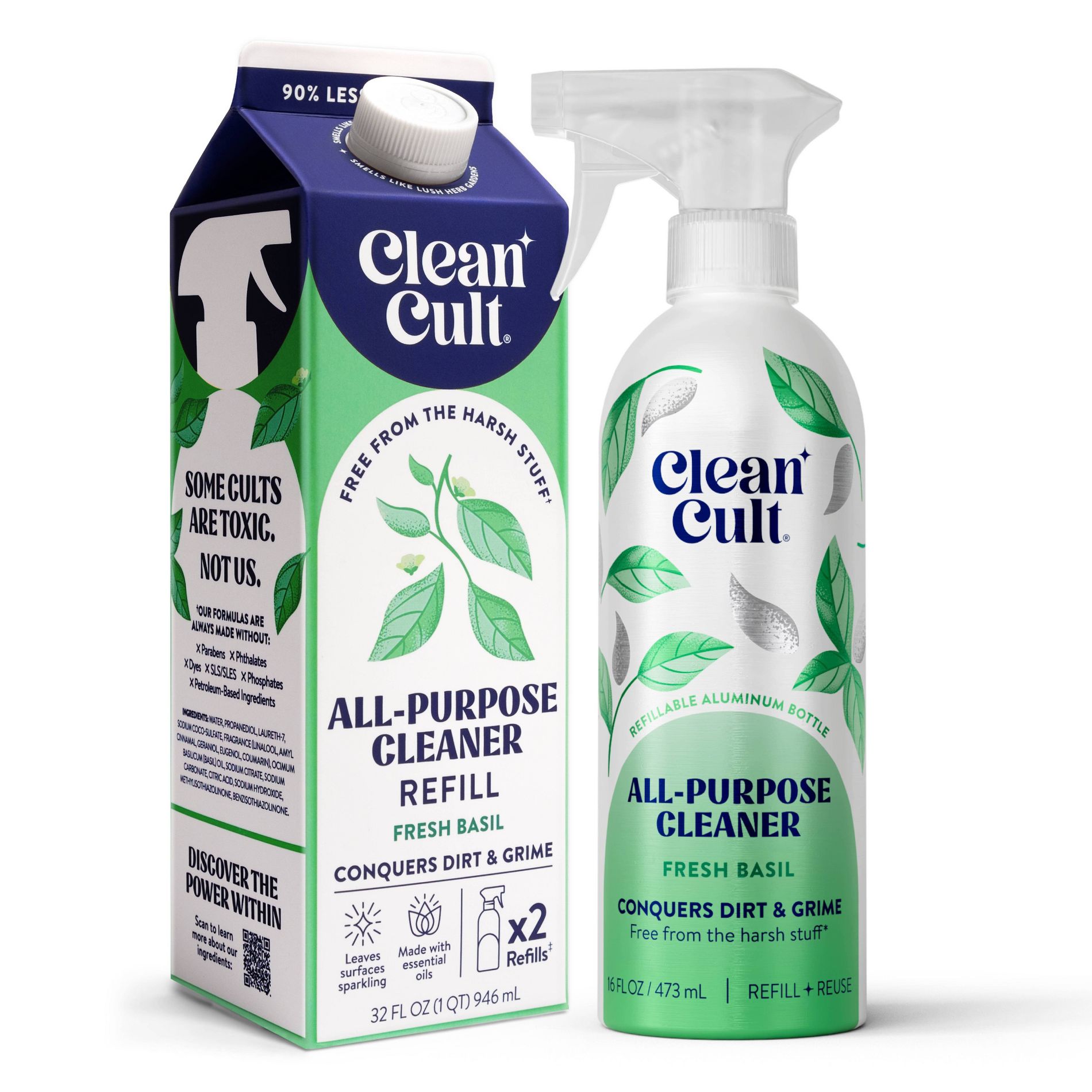 Clean Cult Aluminum Ready To Use All-Purpose Cleaners Fresh Basil 16oz + 32oz Fresh Basil All-Purpose Liquid Cleaner Refills