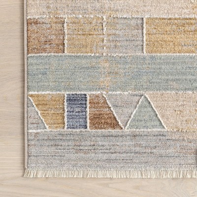 Beige and Blue Geometric 8' x 10' Synthetic Area Rug