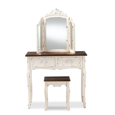 2pc Levron Two-Tone and Antique Wood Vanity Set Walnut Brown/Antique White - Baxton Studio