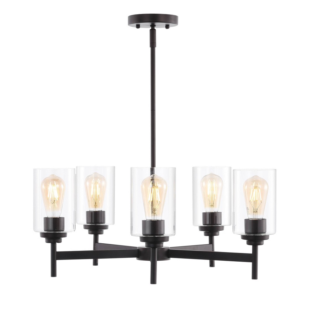 Photos - Chandelier / Lamp 24" LED 5-Light Orpheus Industrial Iron Cylinder Chandelier Oil Rubbed Bronze/Clear - JONATHAN Y: Ceiling Fixture for Dining