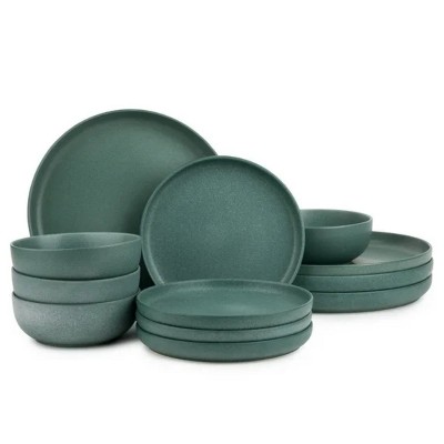 LunaLulinlk 12-Piece Stoneware Dinnerware Set, Caspian Green Collection