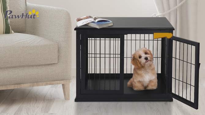 PawHut 26" Wooden Dog Crate, Furniture Style Pet Cage Kennel, End Table, with Lockable Double Door Entrance, and Top Shelf, 2 of 14, play video