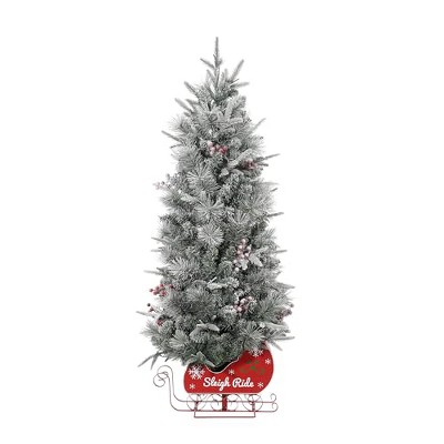 GustoWave 4.5FT Christmas Tree, Pre-Lit Artificial Mini Christmas Tree with 8 Mode Includes Red Berries & Sleigh Base