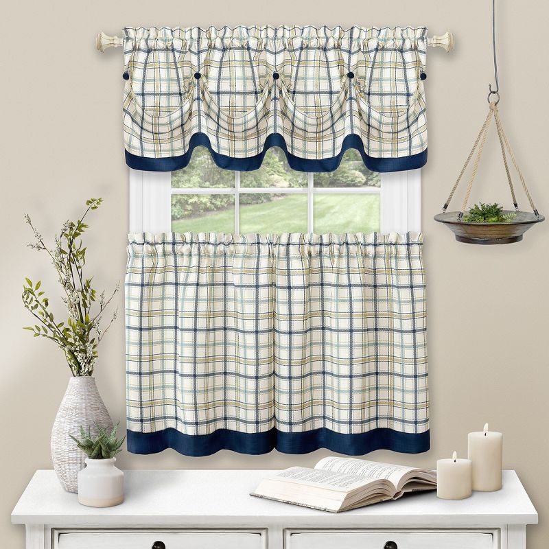 Kate Aurora Country Farmhouse Plaid 3 Pc Tattersall Cafe Kitchen Curtain Tier & Valance Set, 2 of 4