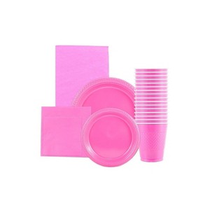 JAM Paper Party Supply Assortment Fuchsia Pink Plates (2 Sizes) Napkins (2 Sizes) Cups & Tablecloth - 1 of 1