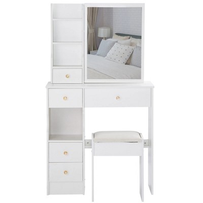 Small Size Left Drawer Desktop Vanity Table + Cushioned Stool, Extra Large Sliding Mirror, Multi Layer