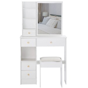 Small Size Left Drawer Desktop Vanity Table + Cushioned Stool, Extra Large Sliding Mirror, Multi Layer - 1 of 4
