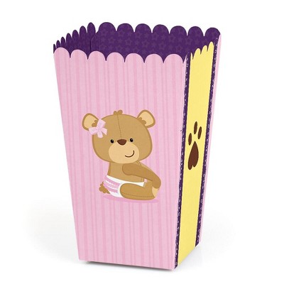 Big Dot of Happiness Baby Girl Teddy Bear - Baby Shower Favor Popcorn Treat Boxes - Set of 12