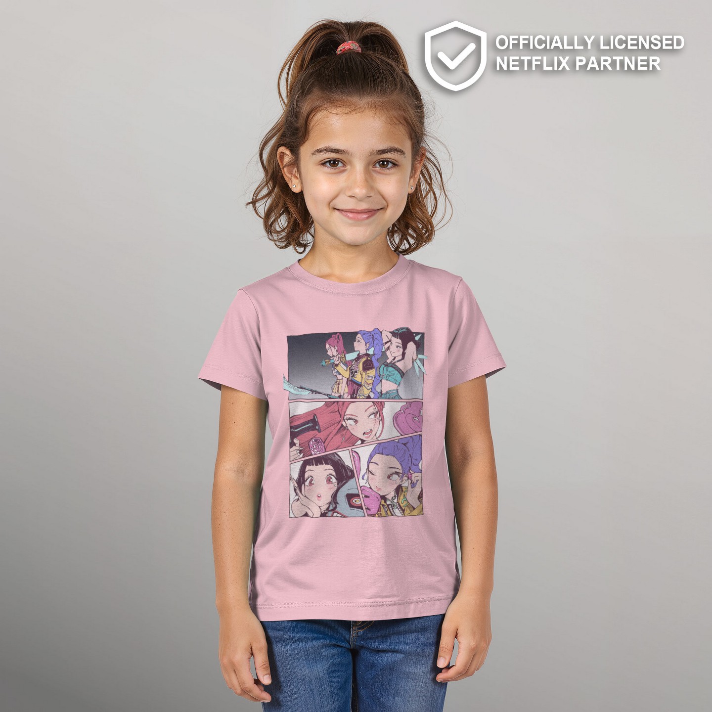 Футболка KPop Demon Hunters HUNTR/X Manhwa Comic Panels T Shirt - Light Pink для девочек, цвет: Светлый розовый — фото 2