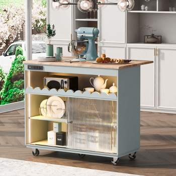 Kitchen Island with Drop Leaf and LED Light, Kitchen Island Cart with 2 Fluted Glass Doors, 2 Cabinets, Power Outlets and 5 Wheels - ModernLuxe