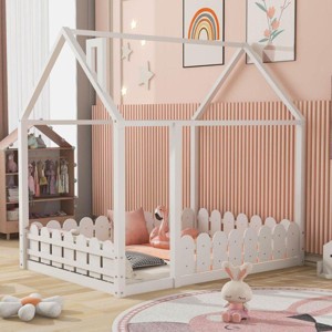 Streamdale Full Size Wood Bed House Bed Frame With Fence, For Kids, Teens, Girl, No Slats - 1 of 4