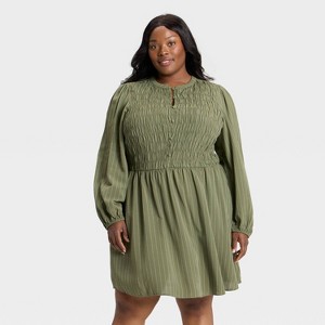 Women's Bishop Long Sleeve Button-Up Smocked Mini Dress - Ava & Viv™ - 1 of 3