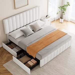 Bed Frame with 4 Storage Drawers, Adjustable Height Headboard, Linen Upholstered Platform BedFrame, Wooden Slats - 1 of 4