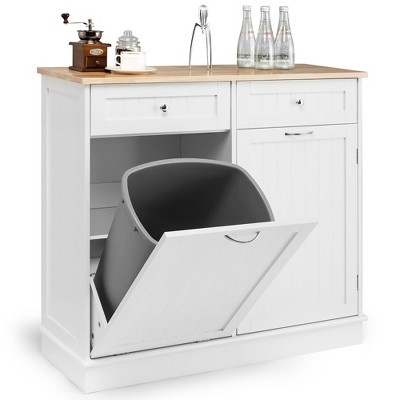 Costway Wooden Kitchen Trash Cabinet Tilt Out Bin Holder w/ Drawer & Storage Shelf White