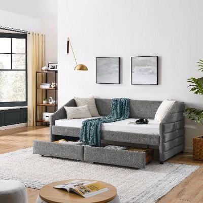 CAVINAS Bed Frame, Linen Fabric Daybed with 2 Drawers Trundle, Upholstered Tufted Sofa Bed