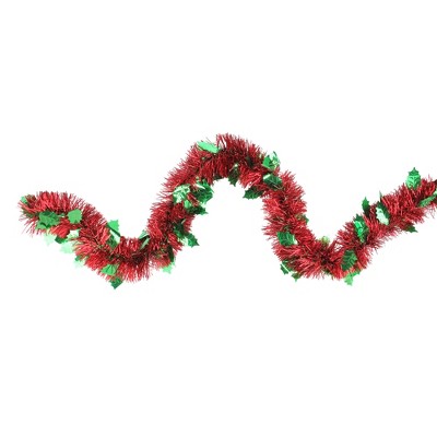 Northlight 12' x 4" Unlit Shiny Red Tinsel with Green Holly Leaves Christmas Garland