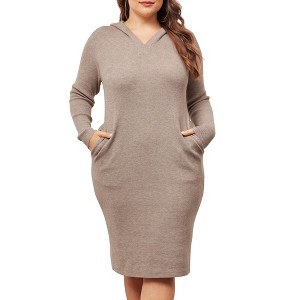 Agnes Orinda Women's Plus Size  V Neck Long Sleeve Knit Midi Pullover Hooded Sweater Dresses - 1 of 4