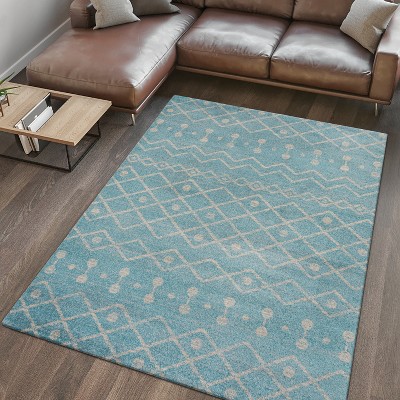 Turquoise and Cream Moroccan Synthetic Area Rug, 5'3" x 7'7"