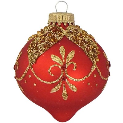 Christmas by Krebs 4ct Red Matte Glass Christmas Ball Ornaments with Gold Floral Drapes 2.5" (67mm)