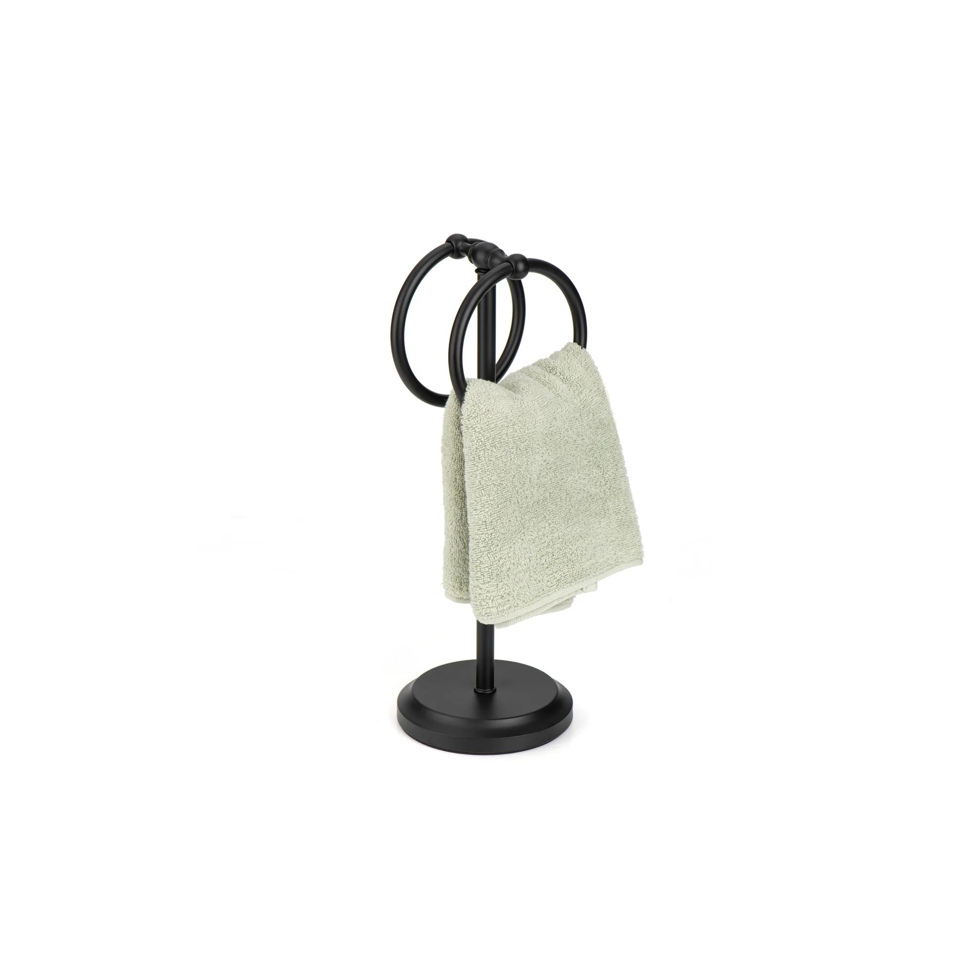 J&V TEXTILES Steel Towel Rack Holder Stand with 2 Hanging Rings for Bathroom Vanity Countertops - Space Saving Hand Towel Holder