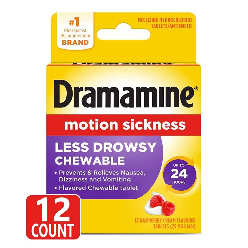 Dramamine All Day Less Drowsy Motion Sickness Relief Chewable Tablets - Raspberry Cream - 12ct, 1 of 9