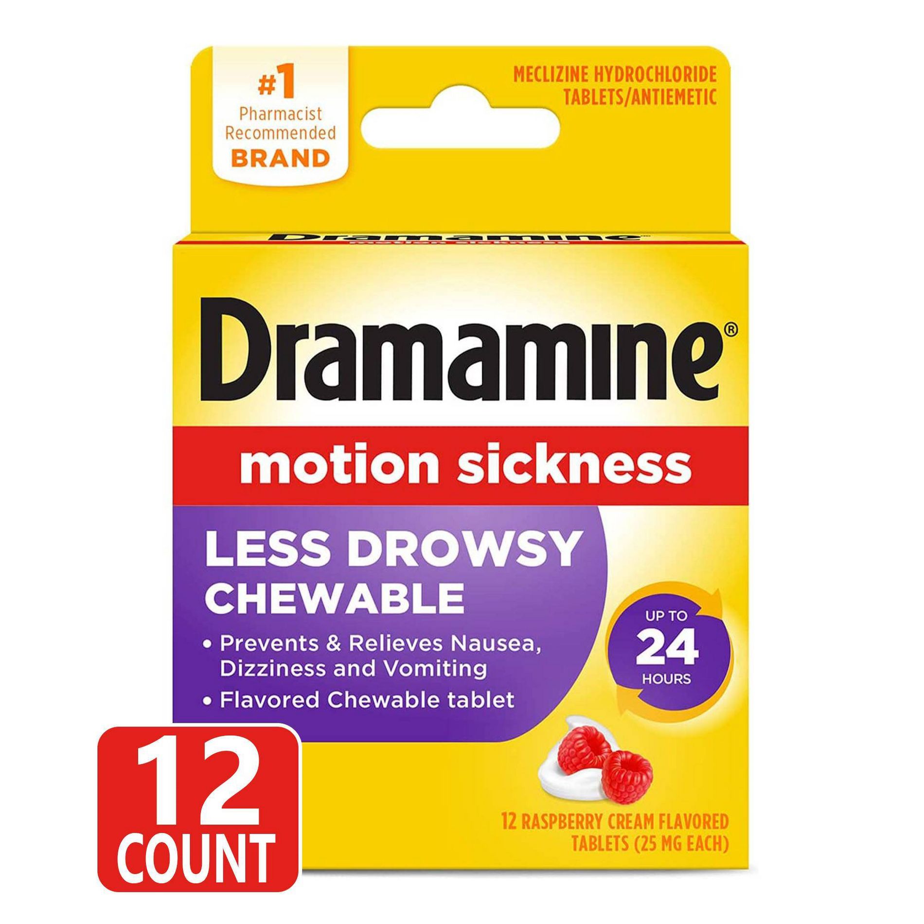 Dramamine All Day Less Drowsy Motion Sickness Relief Chewable Tablets - Raspberry Cream - 12ct: Digestive Health Treatment