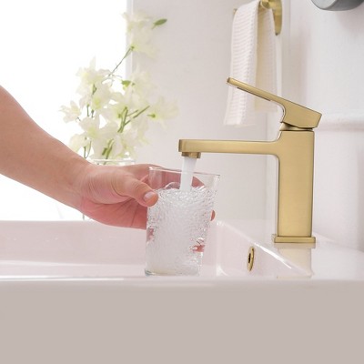 Brushed Gold Single-Handle Low-Arc Bathroom Faucet with Drain