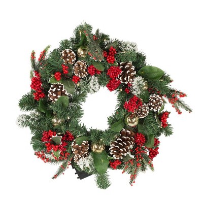 Kurt Adler 18-Inch Battery-Operated Holly Berry and Pinecone LED Wreath