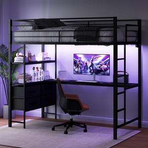 VINGLI Full Metal Loft Bed with 15 Inches Guardrail/desk/Non-Slip Ladder/2 Charging Stations/Storage Shelve,4 Drawers,LED,No Box Spring Needed, Black - 1 of 4